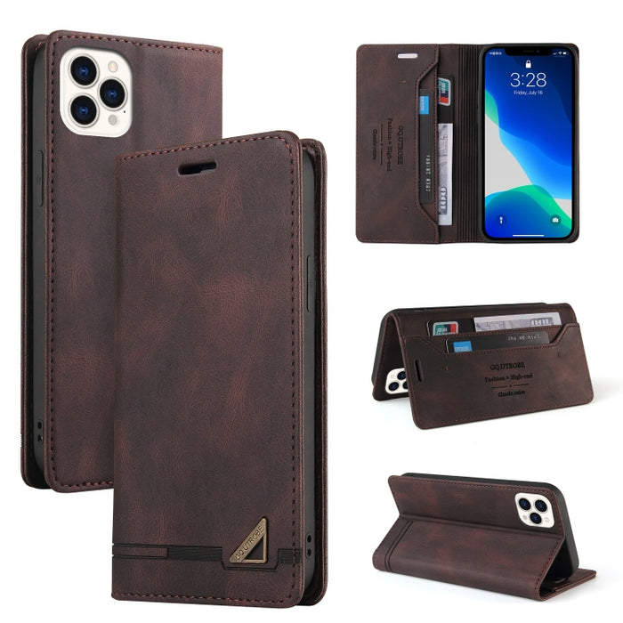 Estuche de cuero con tapa horizontal con cepillo antirrobo Skin Feel con soporte, ranuras para tarjetas y billetera