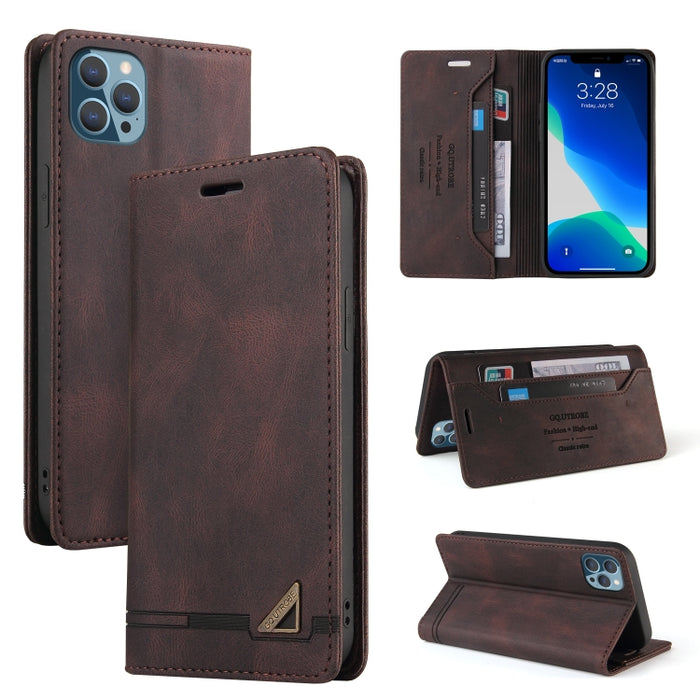 Estuche de cuero con tapa horizontal con cepillo antirrobo Skin Feel con soporte, ranuras para tarjetas y billetera