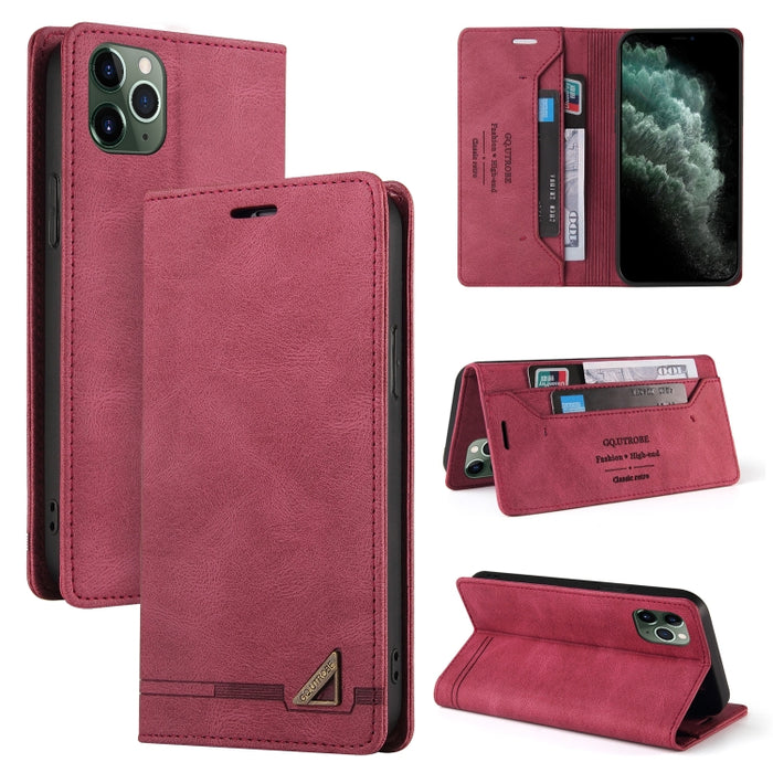 Estuche de cuero con tapa horizontal con cepillo antirrobo Skin Feel con soporte, ranuras para tarjetas y billetera