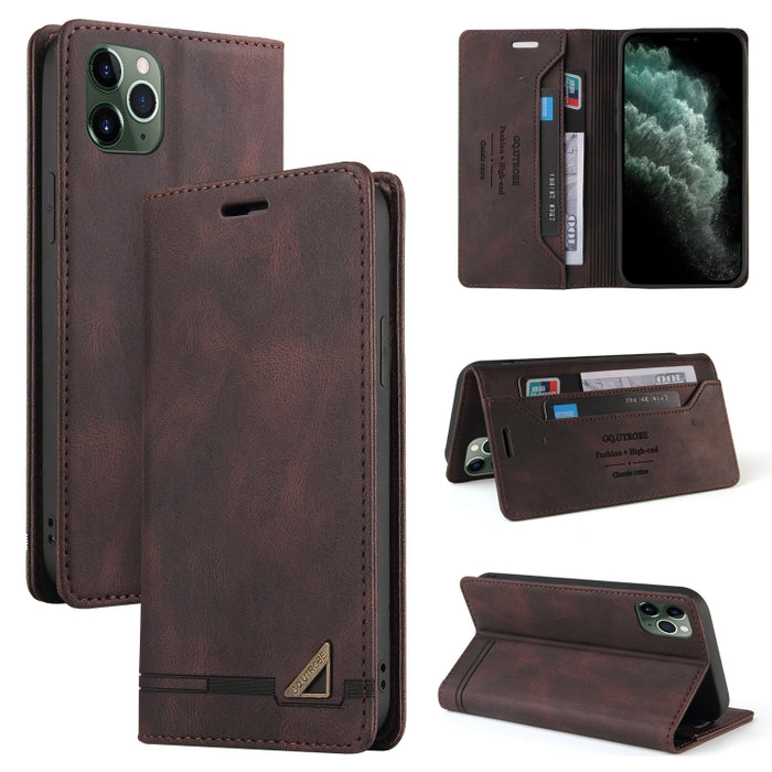 Estuche de cuero con tapa horizontal con cepillo antirrobo Skin Feel con soporte, ranuras para tarjetas y billetera