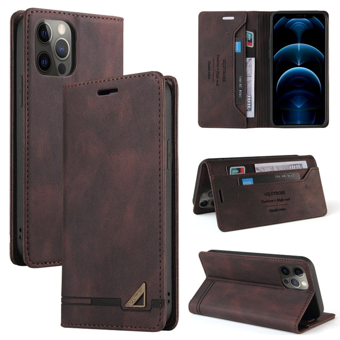 Estuche de cuero con tapa horizontal con cepillo antirrobo Skin Feel con soporte, ranuras para tarjetas y billetera