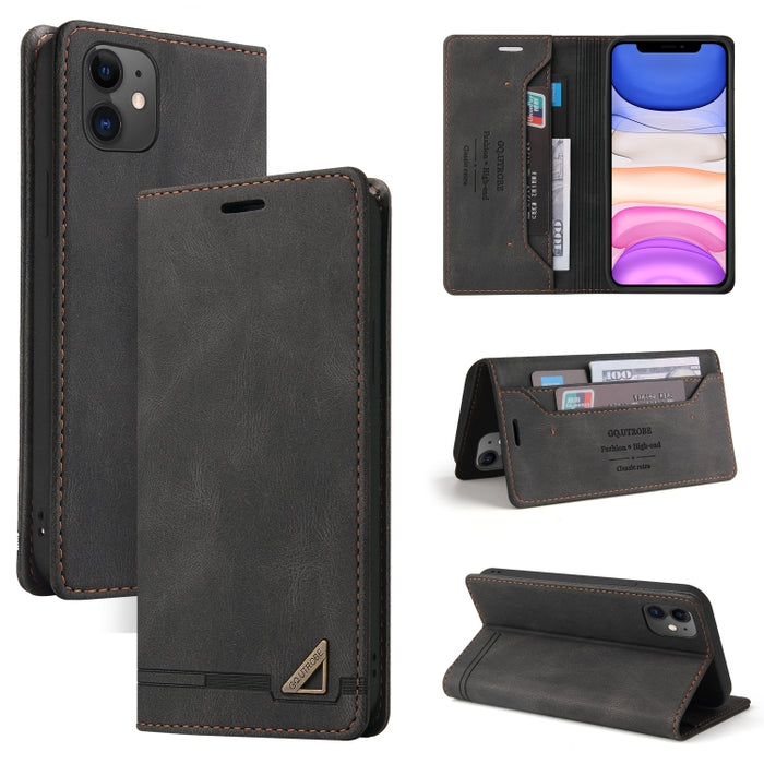 Estuche de cuero con tapa horizontal con cepillo antirrobo Skin Feel con soporte, ranuras para tarjetas y billetera