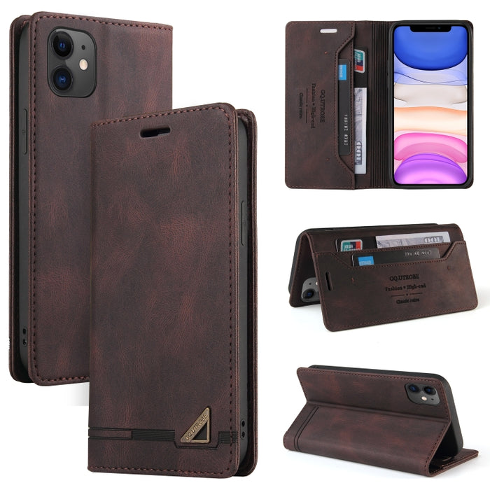 Estuche de cuero con tapa horizontal con cepillo antirrobo Skin Feel con soporte, ranuras para tarjetas y billetera
