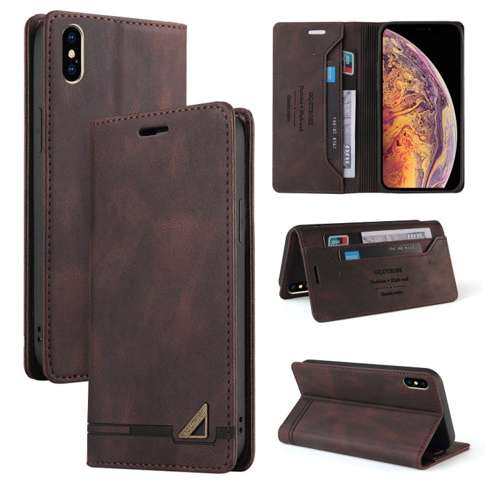 Estuche de cuero con tapa horizontal con cepillo antirrobo Skin Feel con soporte, ranuras para tarjetas y billetera