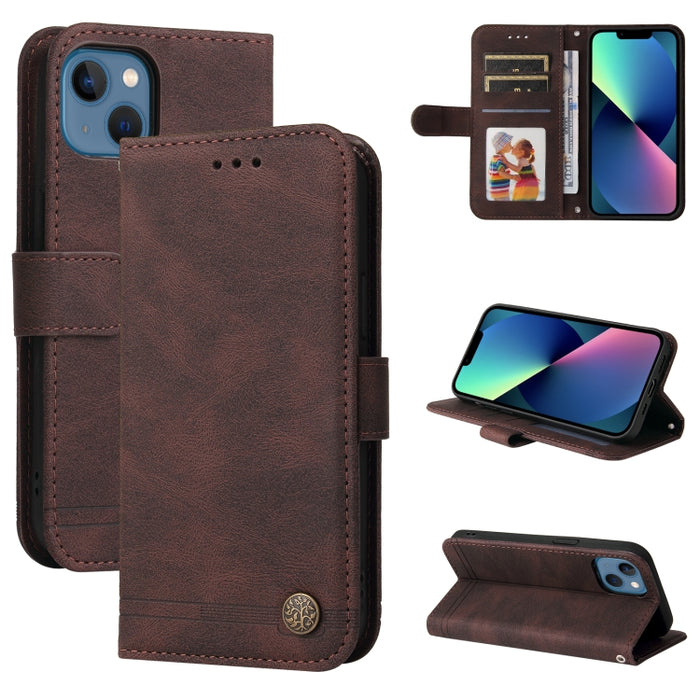 Skin Feel Life Tree Botón de metal Funda de cuero con tapa horizontal con soporte y ranura para tarjeta y billetera y marco de fotos y correa