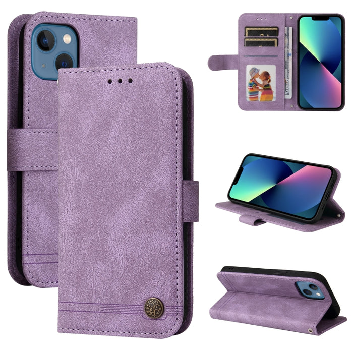 Skin Feel Life Tree Botón de metal Funda de cuero con tapa horizontal con soporte y ranura para tarjeta y billetera y marco de fotos y correa