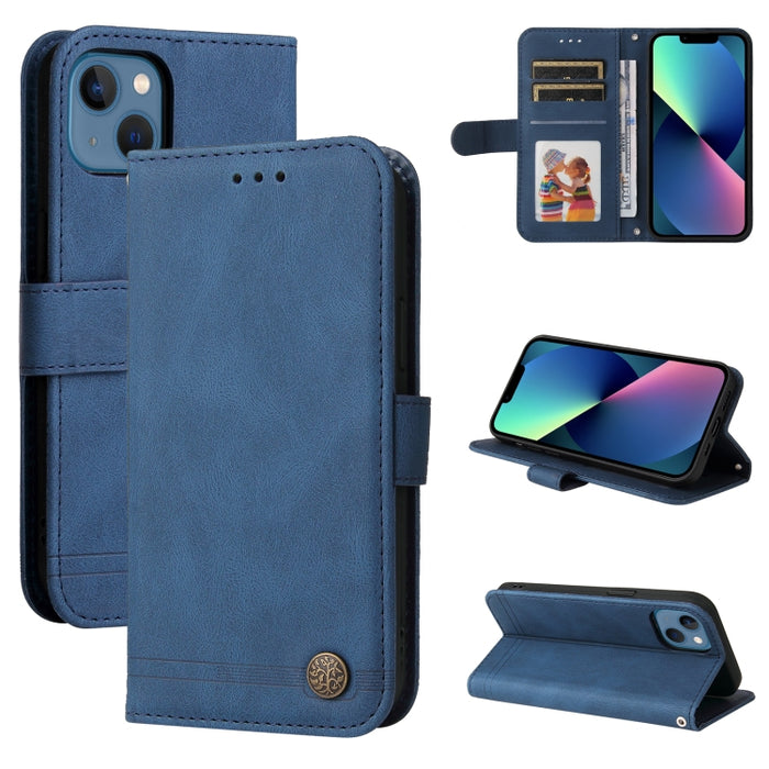 Skin Feel Life Tree Botón de metal Funda de cuero con tapa horizontal con soporte y ranura para tarjeta y billetera y marco de fotos y correa