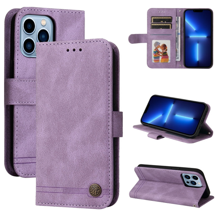 Skin Feel Life Tree Botón de metal Funda de cuero con tapa horizontal con soporte y ranura para tarjeta y billetera y marco de fotos y correa