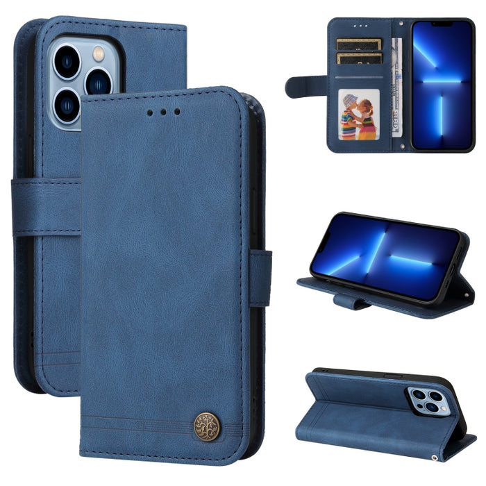 Skin Feel Life Tree Botón de metal Funda de cuero con tapa horizontal con soporte y ranura para tarjeta y billetera y marco de fotos y correa