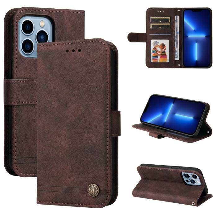 Skin Feel Life Tree Botón de metal Funda de cuero con tapa horizontal con soporte y ranura para tarjeta y billetera y marco de fotos y correa