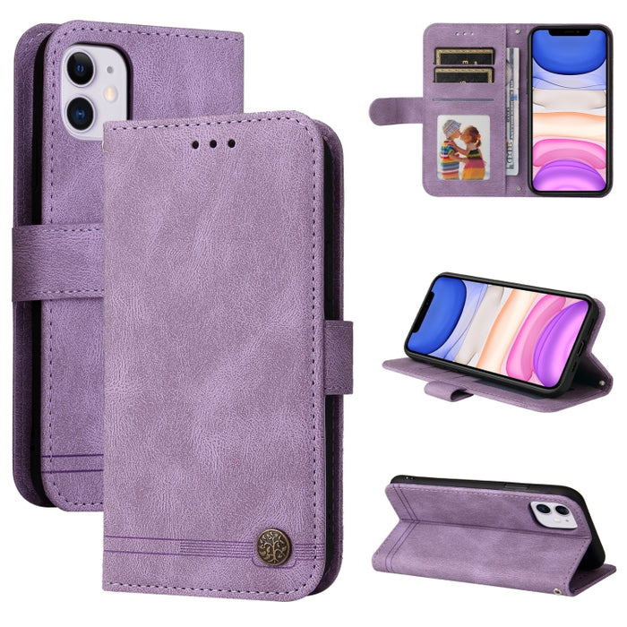 Skin Feel Life Tree Botón de metal Funda de cuero con tapa horizontal con soporte y ranura para tarjeta y billetera y marco de fotos y correa
