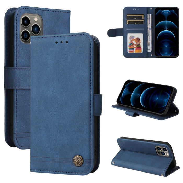 Skin Feel Life Tree Botón de metal Funda de cuero con tapa horizontal con soporte y ranura para tarjeta y billetera y marco de fotos y correa