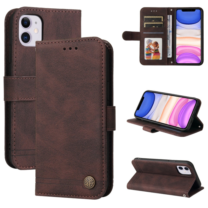 Skin Feel Life Tree Botón de metal Funda de cuero con tapa horizontal con soporte y ranura para tarjeta y billetera y marco de fotos y correa