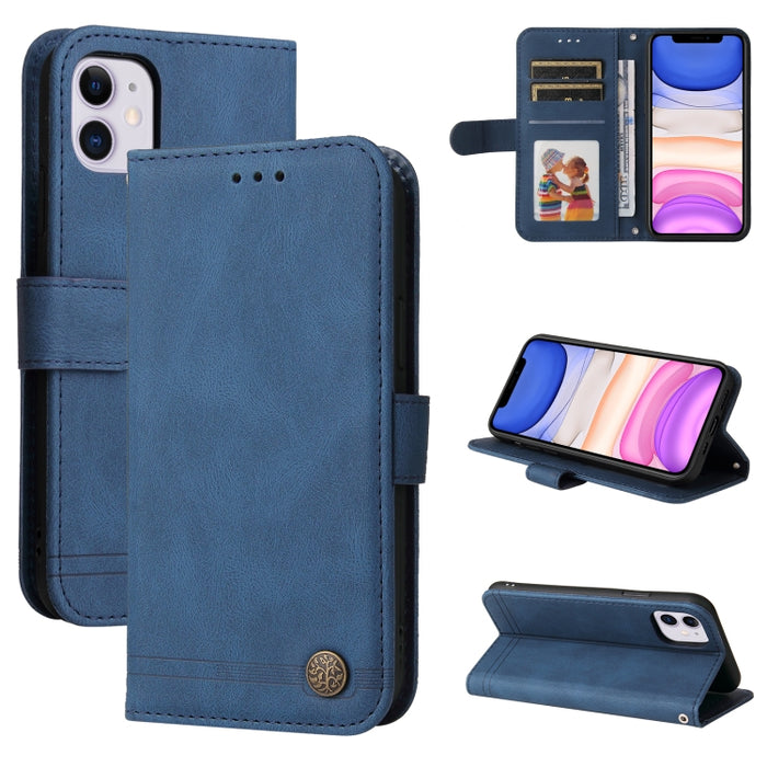 Skin Feel Life Tree Botón de metal Funda de cuero con tapa horizontal con soporte y ranura para tarjeta y billetera y marco de fotos y correa