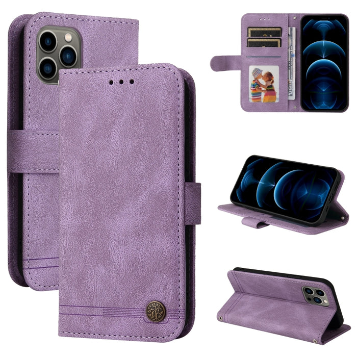 Skin Feel Life Tree Botón de metal Funda de cuero con tapa horizontal con soporte y ranura para tarjeta y billetera y marco de fotos y correa
