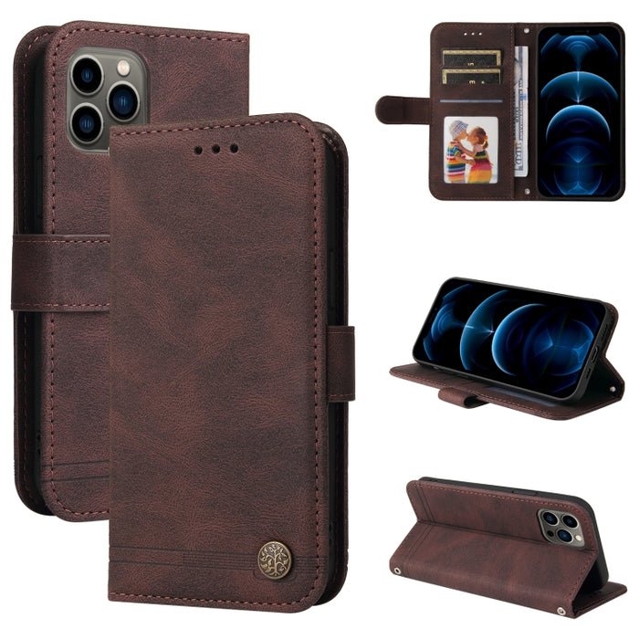 Skin Feel Life Tree Botón de metal Funda de cuero con tapa horizontal con soporte y ranura para tarjeta y billetera y marco de fotos y correa