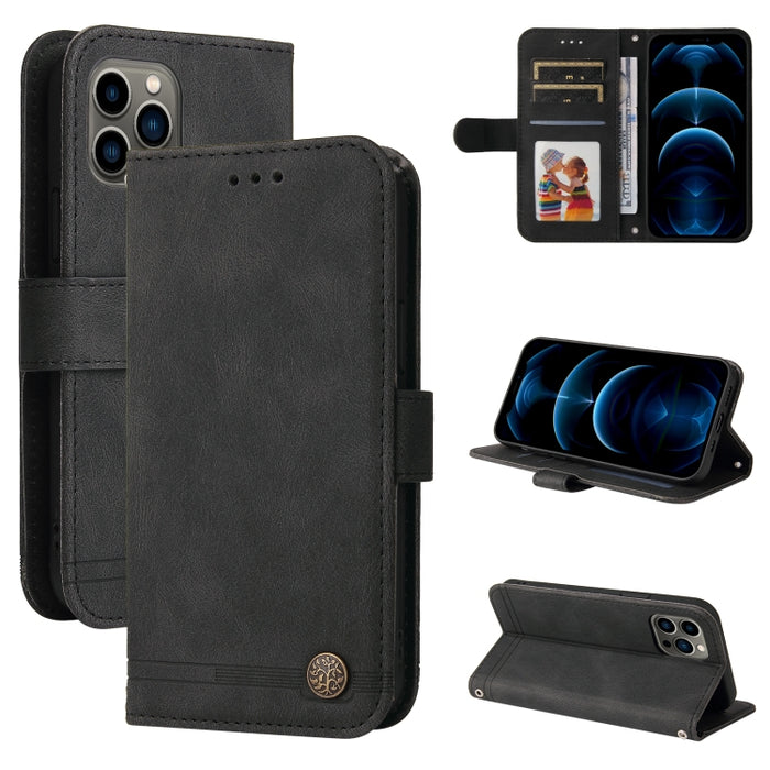 Skin Feel Life Tree Botón de metal Funda de cuero con tapa horizontal con soporte y ranura para tarjeta y billetera y marco de fotos y correa