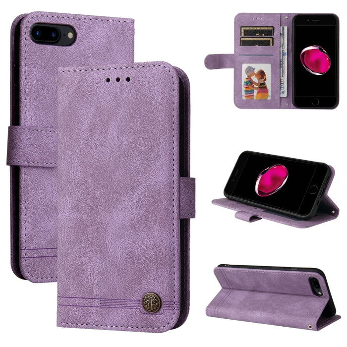 Skin Feel Life Tree Botón de metal Funda de cuero con tapa horizontal con soporte y ranura para tarjeta y billetera y marco de fotos y correa