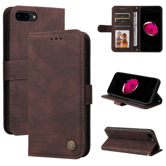 Skin Feel Life Tree Botón de metal Funda de cuero con tapa horizontal con soporte y ranura para tarjeta y billetera y marco de fotos y correa