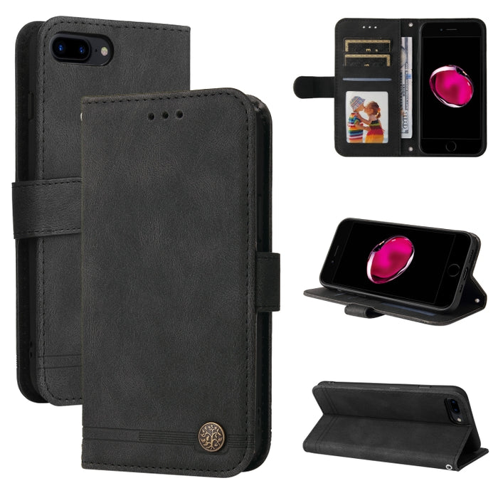 Skin Feel Life Tree Botón de metal Funda de cuero con tapa horizontal con soporte y ranura para tarjeta y billetera y marco de fotos y correa
