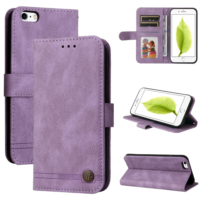 Skin Feel Life Tree Botón de metal Funda de cuero con tapa horizontal con soporte y ranura para tarjeta y billetera y marco de fotos y correa