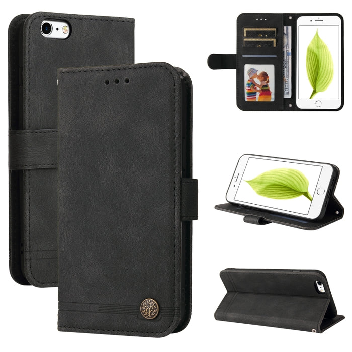 Skin Feel Life Tree Botón de metal Funda de cuero con tapa horizontal con soporte y ranura para tarjeta y billetera y marco de fotos y correa