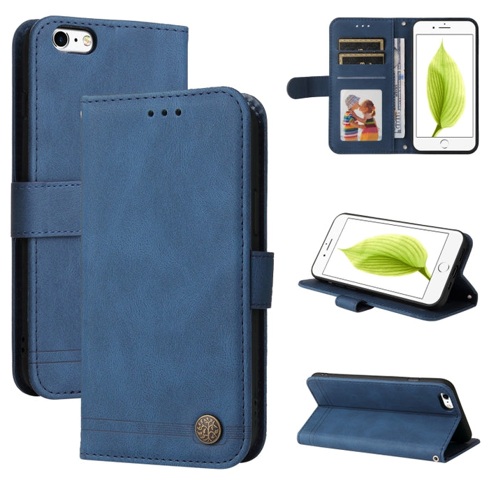 Skin Feel Life Tree Botón de metal Funda de cuero con tapa horizontal con soporte y ranura para tarjeta y billetera y marco de fotos y correa