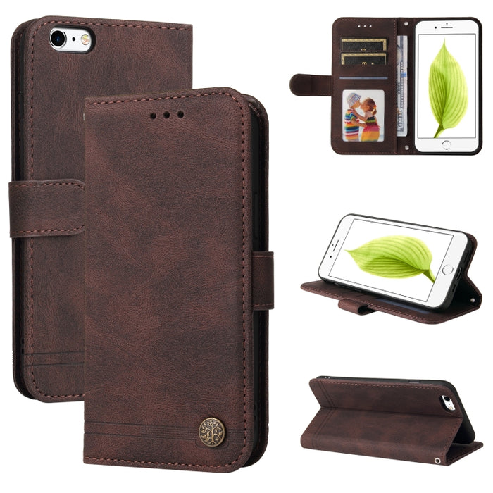 Skin Feel Life Tree Botón de metal Funda de cuero con tapa horizontal con soporte y ranura para tarjeta y billetera y marco de fotos y correa