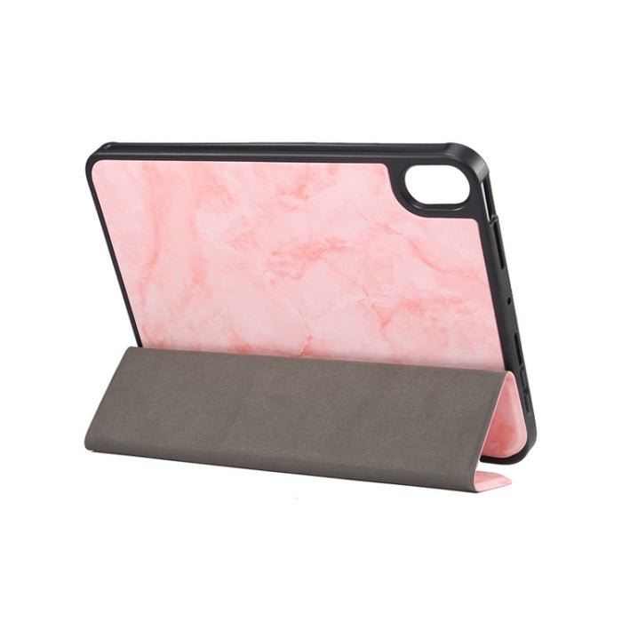 Estuche de cuero con tapa horizontal con patrón de textura de mármol con tres soportes plegables y ranura para bolígrafo y función de suspensión / activación