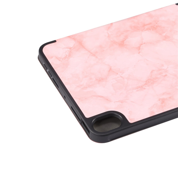 Estuche de cuero con tapa horizontal con patrón de textura de mármol con tres soportes plegables y ranura para bolígrafo y función de suspensión / activación