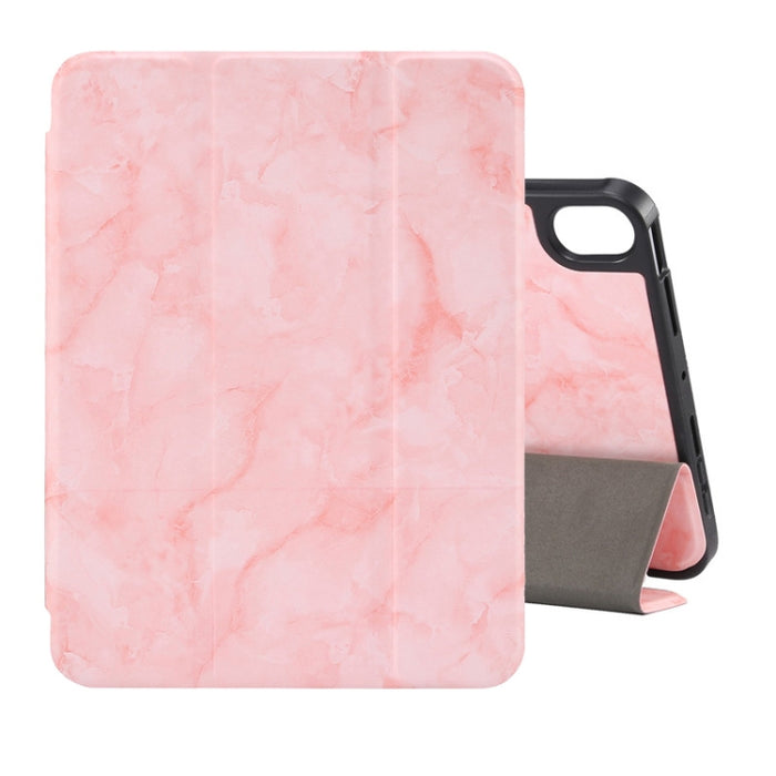 Estuche de cuero con tapa horizontal con patrón de textura de mármol con tres soportes plegables y ranura para bolígrafo y función de suspensión / activación