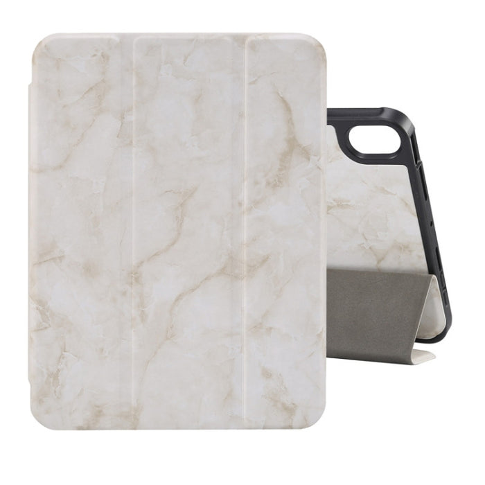 Estuche de cuero con tapa horizontal con patrón de textura de mármol con tres soportes plegables y ranura para bolígrafo y función de suspensión / activación