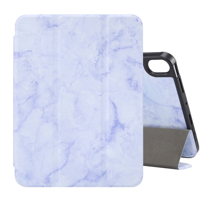 Estuche de cuero con tapa horizontal con patrón de textura de mármol con tres soportes plegables y ranura para bolígrafo y función de suspensión / activación