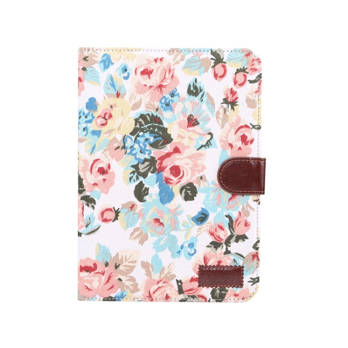 Estuche de cuero con tapa horizontal con patrón de tela de flores con función de reposo / activación y soporte y ranuras para tarjetas y billetera