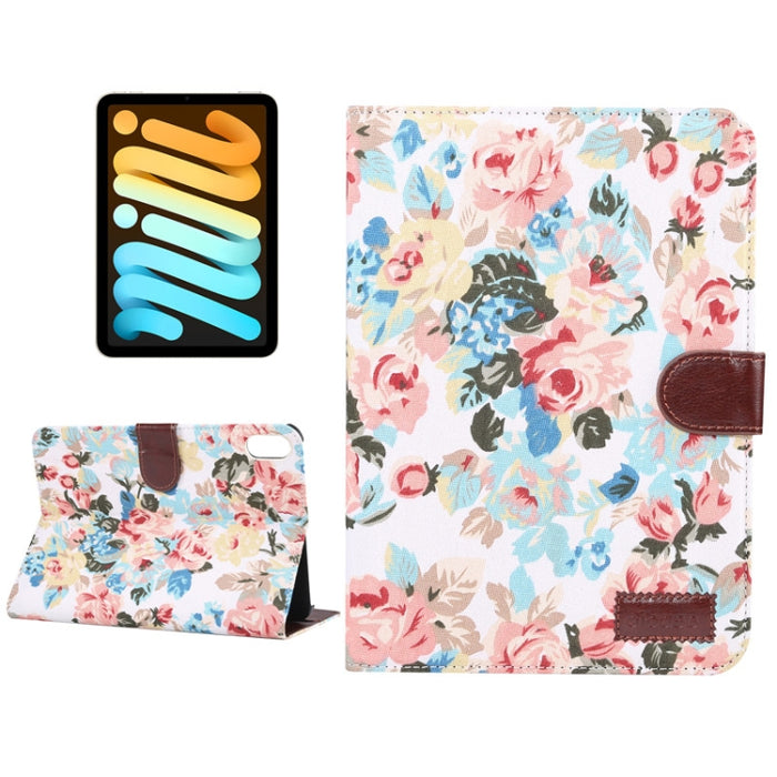 Estuche de cuero con tapa horizontal con patrón de tela de flores con función de reposo / activación y soporte y ranuras para tarjetas y billetera