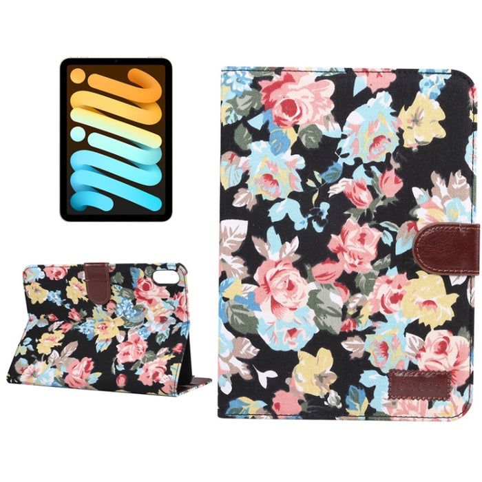 Estuche de cuero con tapa horizontal con patrón de tela de flores con función de reposo / activación y soporte y ranuras para tarjetas y billetera