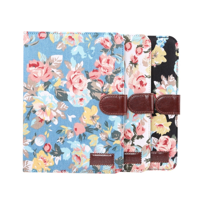 Estuche de cuero con tapa horizontal con patrón de tela de flores con función de reposo / activación y soporte y ranuras para tarjetas y billetera