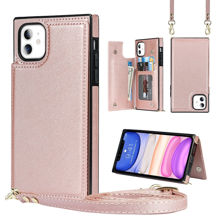 Estuche de TPU + PU para tarjetas con doble hebilla cuadrada cruzada con ranuras para tarjetas y billetera y foto y correa