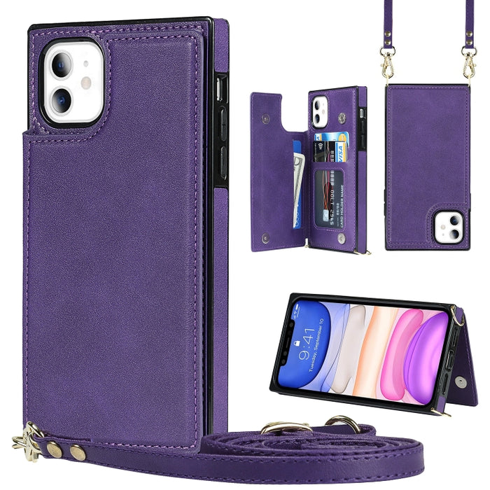Estuche de TPU + PU para tarjetas con doble hebilla cuadrada cruzada con ranuras para tarjetas y billetera y foto y correa