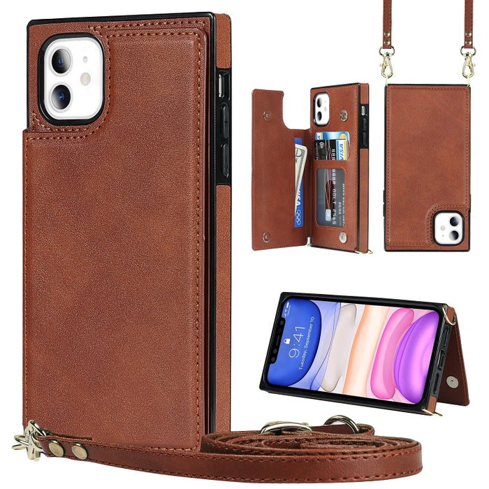 Estuche de TPU + PU para tarjetas con doble hebilla cuadrada cruzada con ranuras para tarjetas y billetera y foto y correa