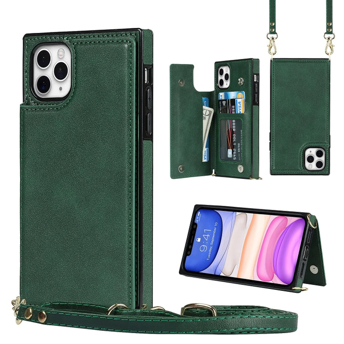 Estuche de TPU + PU para tarjetas con doble hebilla cuadrada cruzada con ranuras para tarjetas y billetera y foto y correa