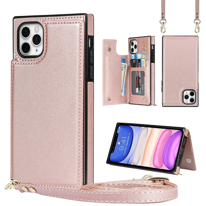 Estuche de TPU + PU para tarjetas con doble hebilla cuadrada cruzada con ranuras para tarjetas y billetera y foto y correa
