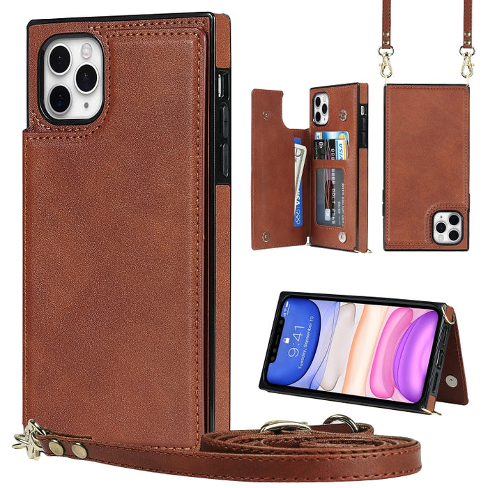 Estuche de TPU + PU para tarjetas con doble hebilla cuadrada cruzada con ranuras para tarjetas y billetera y foto y correa
