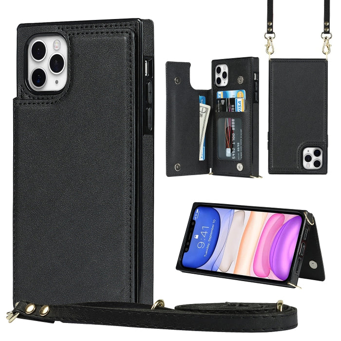 Estuche de TPU + PU para tarjetas con doble hebilla cuadrada cruzada con ranuras para tarjetas y billetera y foto y correa