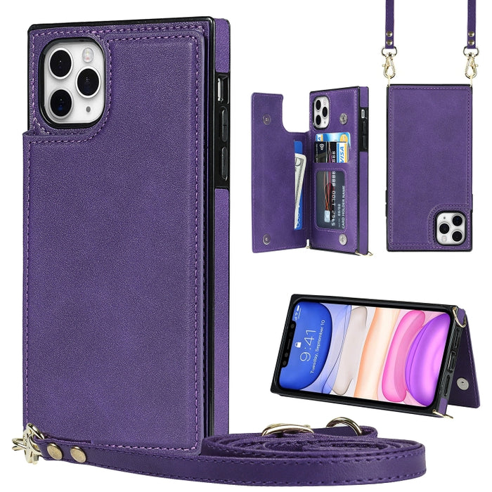 Estuche de TPU + PU para tarjetas con doble hebilla cuadrada cruzada con ranuras para tarjetas y billetera y foto y correa