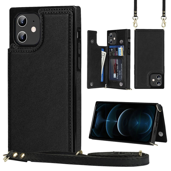 Estuche de TPU + PU para tarjetas con doble hebilla cuadrada cruzada con ranuras para tarjetas y billetera y foto y correa