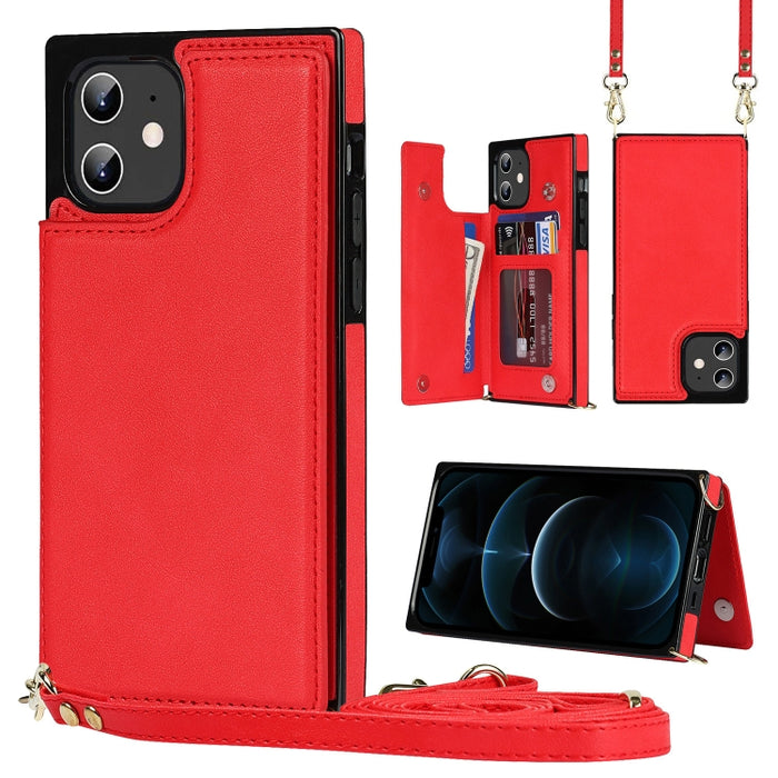 Estuche de TPU + PU para tarjetas con doble hebilla cuadrada cruzada con ranuras para tarjetas y billetera y foto y correa