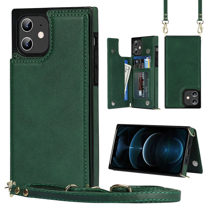 Estuche de TPU + PU para tarjetas con doble hebilla cuadrada cruzada con ranuras para tarjetas y billetera y foto y correa
