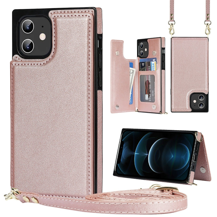 Estuche de TPU + PU para tarjetas con doble hebilla cuadrada cruzada con ranuras para tarjetas y billetera y foto y correa