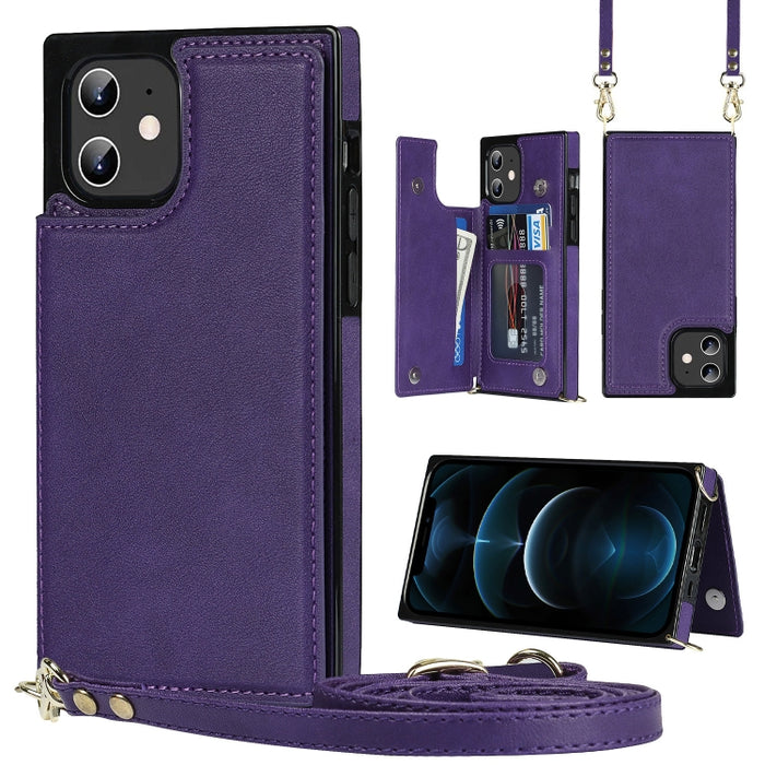 Estuche de TPU + PU para tarjetas con doble hebilla cuadrada cruzada con ranuras para tarjetas y billetera y foto y correa